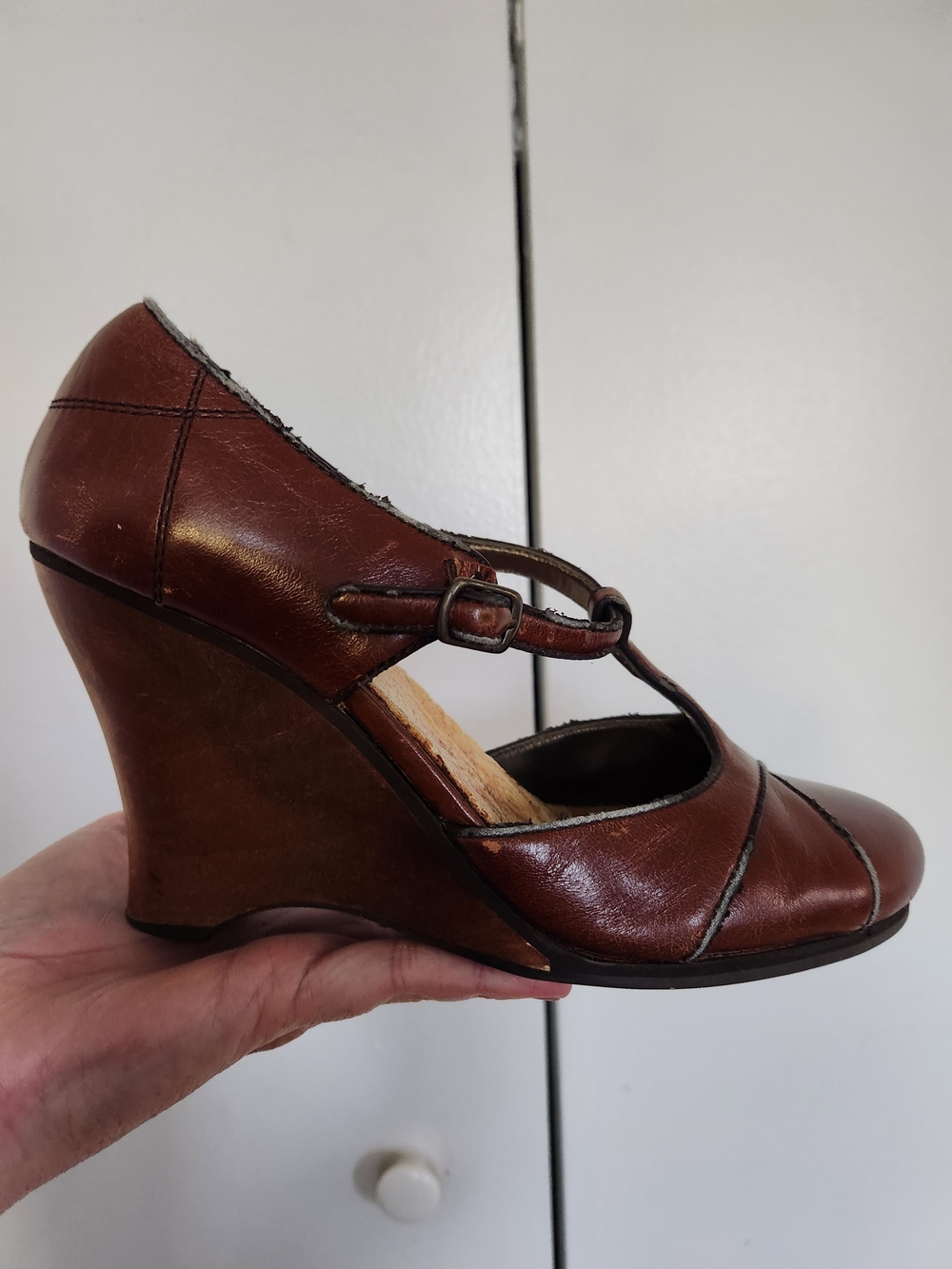 Kensie Brown Leather T-Strap Wedge Heels